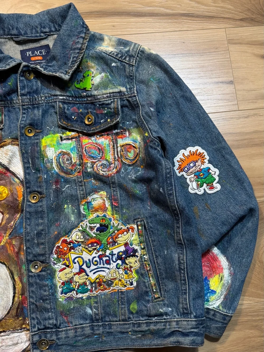 The Children's Place Denim Jacket with Painted Teddy & Patches - Blue